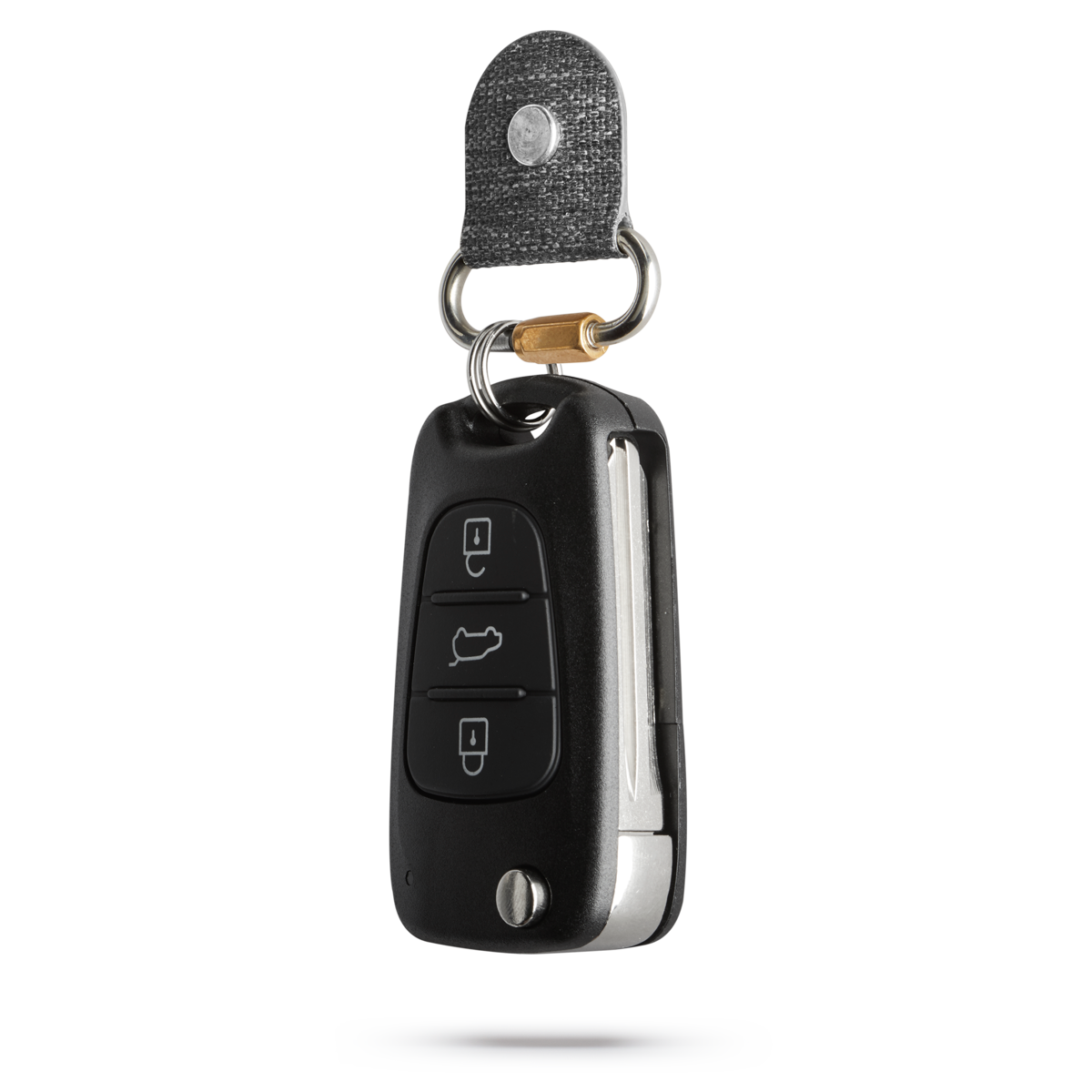 distil keymod fobring holding car fob on a white backdrop